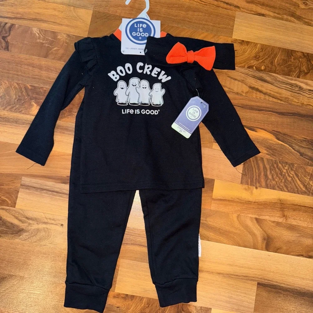Life is Good Baby Girl Boo Crew Outfit 3PC Set Tee Jogger Headband NWT Halloween